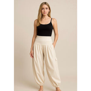 Womens Aller Simplement Harem Pants L/XL Beige Hippie Gypsy Aladdin Coastal Boho